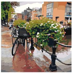 Картина по номерам, "Живопись по номерам", 60 x 60, ETS244-4040, велосипед, городской пейзаж, Европа, здание, цветы, дождь, осень
