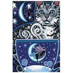 Картина по номерам, "Живопись по номерам", 80 x 120, A407, кот, волшебство, ночь, звёзды, иллюстрация, чашка, горячий напиток, снег, Рождество