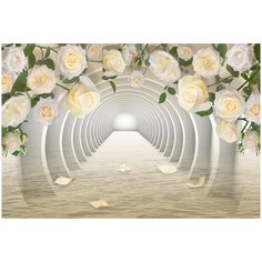 Фотообои 3D Тоннель с белыми розами/ Красивые обои с перспективой на стену в интерьер комнаты/ 3Д расширяющие пространство/ На кухню в спальню детскую зал гостиную прихожую/ размер 400х270см/ Флизелиновые