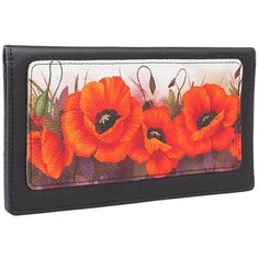 Тревел конверт с принтом Eshemoda "Огненный мак", натуральная кожа, цвет черный