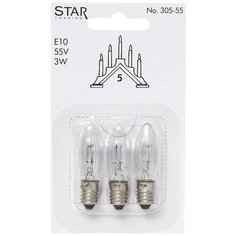 Запасные лампочки 3 штуки для рождественской горки пятисвечник, напр. 55V, мощность 3W, цоколь Е10, арт. 305-55 Star Trading