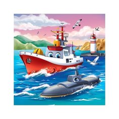 Холст с красками 20х20 см по номерам (в коробке). (14цв) Корабль и подводная лодка (Арт. ХК-4056) Рыжий кот