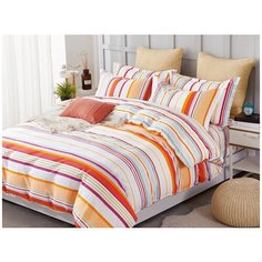 Постельное белье семейное Cleo Satin de Luxe 600-SK, сатин, 4 наволочки: 50 х 70 и 70 х 70 см, белый/оранжевый