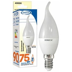Лампа светодиодная IONICH "свеча на ветру" ILED-SMD2835-CW37-8Вт-720Лм-230В-4000К-E14