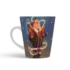 Кружка-латте CoolPodarok Санта Клаус с трубкой и рюкзаком Снежинки на фоне