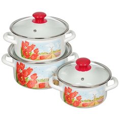 Набор эмалированной посуды 6 предметов, кастрюли 1.5,2.3,3 л, Керченский металлургический завод, Страна тюльпанов - Экстра КМЗ