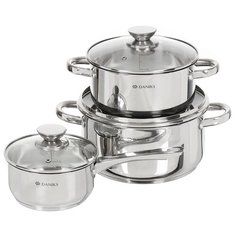 Набор посуды нержавеющая сталь, 6 предметов, кастрюли 1.6,3.1,5.4 л, индукция, Daniks, Оптима, GS-01201-6S