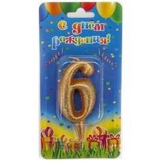 Свеча Цифра, 6 Овал, Золото, с блестками, 7 см, 1 шт. Дон Баллон