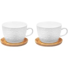 Чашка для капучино и кофе латте 500 мл 14х11,2х8 см Elan Gallery Снежинки, на деревянной подставке, 2 штуки