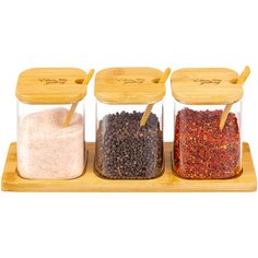 Набор банок для специй 3 предмета 450 мл 29х9,5х11,5 см Elan Gallery Crystal glass, с бамбуковыми крышками, с ложками, на бамбуковой подставке