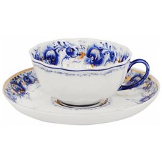 Чашка с блюдцем чайная. Гжельская мануфактура. Тюльпан. Нежность. (С золотом). 220 мл