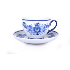 Чашка чайная с блюдцем. Гжельская мануфактура. Форма "Гранатовый" рисунок "Цветы". 275 мл