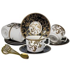 Набор из 6 чайных пар с чайными ложками. Lenardi. Форма "Равновесие". Рисунок "Восточные мотивы. Лилия". 18 предметов. 230 мл. Подарочная упаковка.