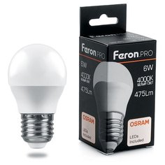 Лампа светодиодная LED 6вт Е27 белый матовый шар Feron.PRO OSRAM (LB-1406)