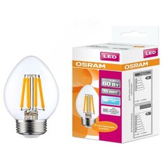 Лампа светодиодная LED 5Вт E27 CLB60 белый, Filament прозр.свеча OSRAM