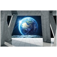 Фотообои Вид на планету Земля 3D через перспективу/ Красивые стильные обои на стену в интерьер комнаты/ 3Д расширяющие пространство/ На кухню в спальню детскую зал гостиную прихожую/ размер 200х129см/ Флизелиновые