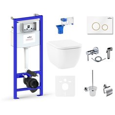 Комплект 10 в 1 Lavinia Boho One 75110513, унитаз, сиденье микролифт, инсталляция, крепление, клавиша смыва, шумоизоляция, диспенсер, смеситель с гигиеническим душем, ершик, держатель туалетной бумаги