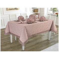 Скатерть с 12 салфетками "Karna. KDK", с гипюром, 160х300 см, цвет: пудра