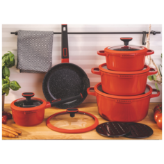Набор посуды с трехслойным мраморным покрытием Edenberg EB-5647 - 12 пр, красный