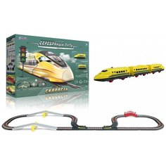 Железная дорога "Скорость" SW7155, Серебряный путь, длина пути 430 см, 38 элементов, 2 локомотива, вагон, дорожные знаки, мост, ворота, стрелки, светящийся прожектор, музыкальное сопровождение, 180х50 см Play Smart