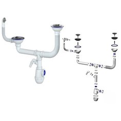 Сифон для кухонной мойки 3 1/2 с круглым переливом, двойной, Unicorn KM(RU)1VP