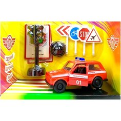 Игровой набор "Уступи дорогу" M0538-5, пожарная техника, звуковые и световые эффекты, инерционная машинка, двери открываются, светофор, дорожные знаки, учебные карточки, 22х17х10 см Play Smart