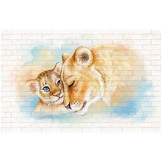 Лев и львица на кирпичной стене/ Красивые стильные обои на стену в интерьер комнаты/ 3Д расширяющие пространство/ На кухню в спальню детскую зал гостиную прихожую/ размер 200х129см/ Флизелиновые Топ Фотообои