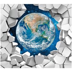 Фотообои 3d Земля в космосе за кирпичной стеной/ Красивые уютные обои на стену в интерьер комнаты/ 3Д расширяющие пространство/ На кухню в спальню детскую зал гостиную прихожую/ размер 300х270см/ Флизелиновые