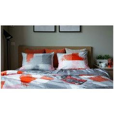 Комплект постельного белья Grazia Textile Sketch, 1,5 спальный, смесовая ткань, 2 наволочки 70х70, светло- серый, оранжевый, геометрический