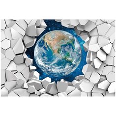 Фотообои 3d Земля в космосе за кирпичной стеной/ Красивые уютные обои на стену в интерьер комнаты/ 3Д расширяющие пространство/ На кухню в спальню детскую зал гостиную прихожую/ размер 400х270см/ Флизелиновые