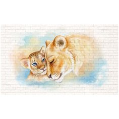 Лев и львица на кирпичной стене/ Красивые стильные обои на стену в интерьер комнаты/ 3Д расширяющие пространство/ На кухню в спальню детскую зал гостиную прихожую/ размер 300х180см/ Флизелиновые Топ Фотообои