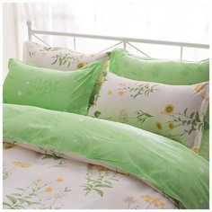 Комплект постельного белья Grazia Textile Garden Flowers, дуэт семейный, смесовая ткань, 2 наволочки 70х70, светло- зеленый, белый, цветочный, флора
