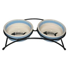 Миска для животных FOXIE Fish двойная голубая керам. на металл.подставке 12,5х12,5х4,5см 2х300мл