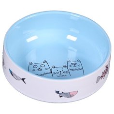 Миска JOY "Коты с рыбками" керамическая голубая для кошек J.O.Y.