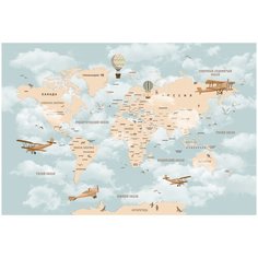 Фотообои Карта мира детская с воздушными шарами самолетами на голубом фоне/ Красивые уютные обои на стену в интерьер комнаты/ 3Д расширяющие пространство/ На кухню в спальню детскую зал гостиную прихожую/ размер 400х270см/ Флизелиновые
