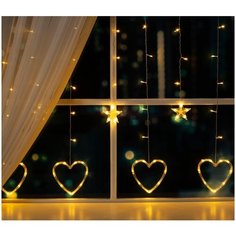 Гирлянда "Бахрома" 2.4 х 0.9 м с насадками "Сердце", IP20, прозрачная нить, 186 LED, свечение тёплое белое, 8 режимов, 220 В Luazon Lighting