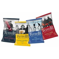 Чипсы Tyrrells, Слабосоленые, Чили и красный перец, Соль и перец, Чеддер и лук-резанец (4шт. по 150г).