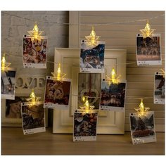 Гирлянда "Нить" 4.5 м с насадками "Прищепки-звёзды", IP20, прозрачная нить, 20LED, свечение тёплое белое, фиксинг, 220 В Luazon Lighting