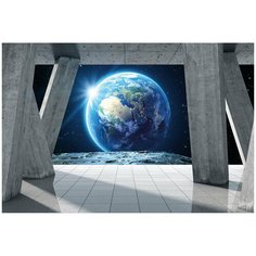 Фотообои Вид на планету Земля 3D через перспективу/ Красивые стильные обои на стену в интерьер комнаты/ 3Д расширяющие пространство/ На кухню в спальню детскую зал гостиную прихожую/ размер 400х270см/ Флизелиновые