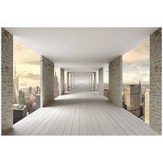 Фотообои 3D тоннель с кирпичными стенами над городом/ Красивые уютные обои на стену в интерьер комнаты/ 3Д расширяющие пространство над кроватью или над столом/ На кухню в спальню детскую зал гостиную прихожую/ размер 400х270см/ Флизелиновые