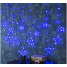 Гирлянда "Бахрома" 2.4 х 0.9 м с насадками "Звёзды", IP20, прозрачная нить, 138 LED, свечение синее, 8 режимов, 220 В Luazon Lighting