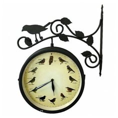 Садовые часы двухсторонние на кронштейне с термометром, с пением птиц диаметр 25 см Диорит XXI