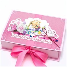 Набор мамины сокровища для девочки "Teddy" с коробочками для хранения бирки из роддома, локона и пустышки новорожденной дочки, в розовой гамме, с атласным бантом и нежными розами Свадебная мечта