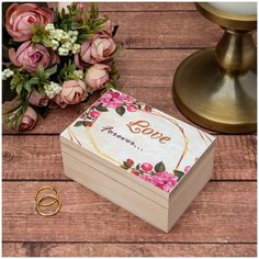 Деревянная шкатулка для обручальных колец Love Forever с цветочным рисунком на крышке и мягкой подушечкой розового цвета с бордовым бантиком Свадебная мечта