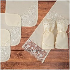 Венчальный набор с рушниками, подставками для свечей и салфетками из габардина кремового цвета с кружевом айвори, с вышитыми цветами и узорами, 7 предметов Свадебная мечта