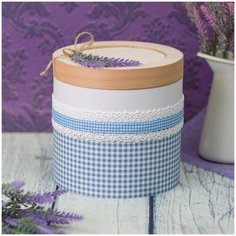 Свадебная шкатулка для денег и подарков молодоженам "Прованс" с декором из мешковины, белого кружева, ткани в голубую и белую клетку, сиреневой веточкой лаванды