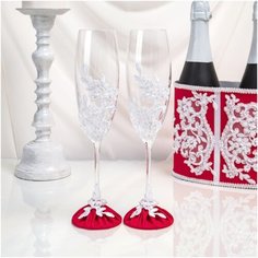 Роскошные свадебные бокалы для жениха и невесты "Аврора" с декором из красного атласа и белого кружева с цветочным узором и бисером, 2 штуки Свадебная мечта