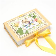 Коробочка мамины сокровища "Лучик" для новорожденного мальчика или девочки, для хранения памятных мелочей о рождении ребенка, с атласной лентой желтого цвета и аппликацией в бежевых тонах Свадебная мечта