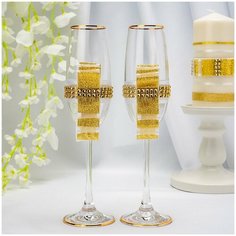 Свадебные бокалы для молодоженов "Золотой стиль" с двойным бантом ручной работы и золотистыми стразами Свадебная мечта