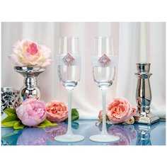 Свадебные бокалы для молодоженов "Розовая акварель" с белым напылением, с лентами и акварельным рисунком в пастельной гамме, 2 штуки Свадебная мечта